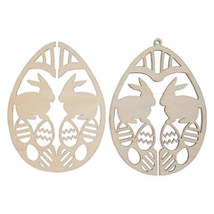 Wooden Easter egg-shaped cutouts with rabbit designs on a white background