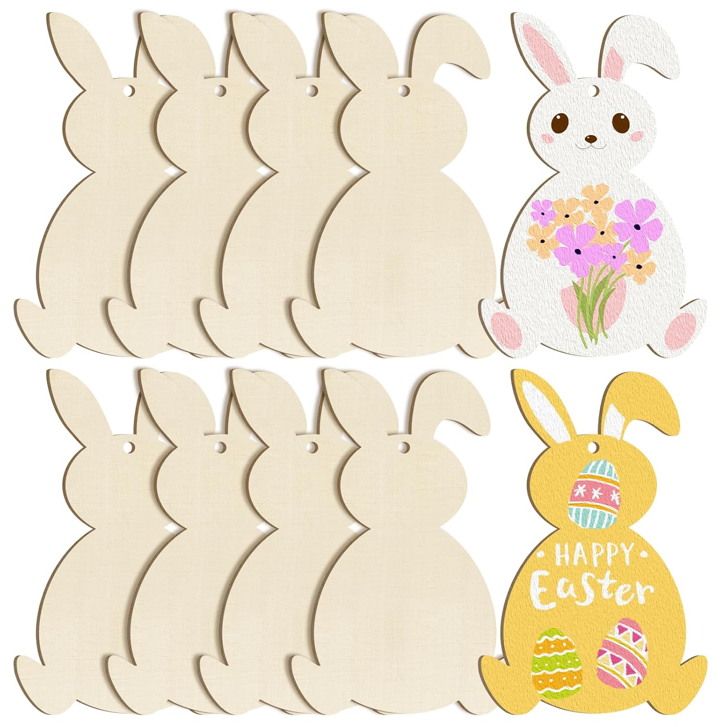 Set of wooden bunny shapes with painted and decorated examples on a white background