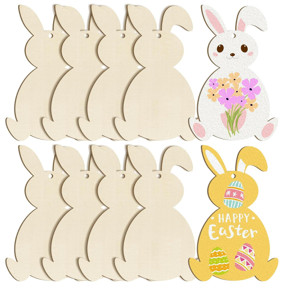 Set of wooden bunny shapes with painted and decorated examples on a white background