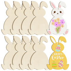Set of wooden bunny shapes with painted and decorated examples on a white background