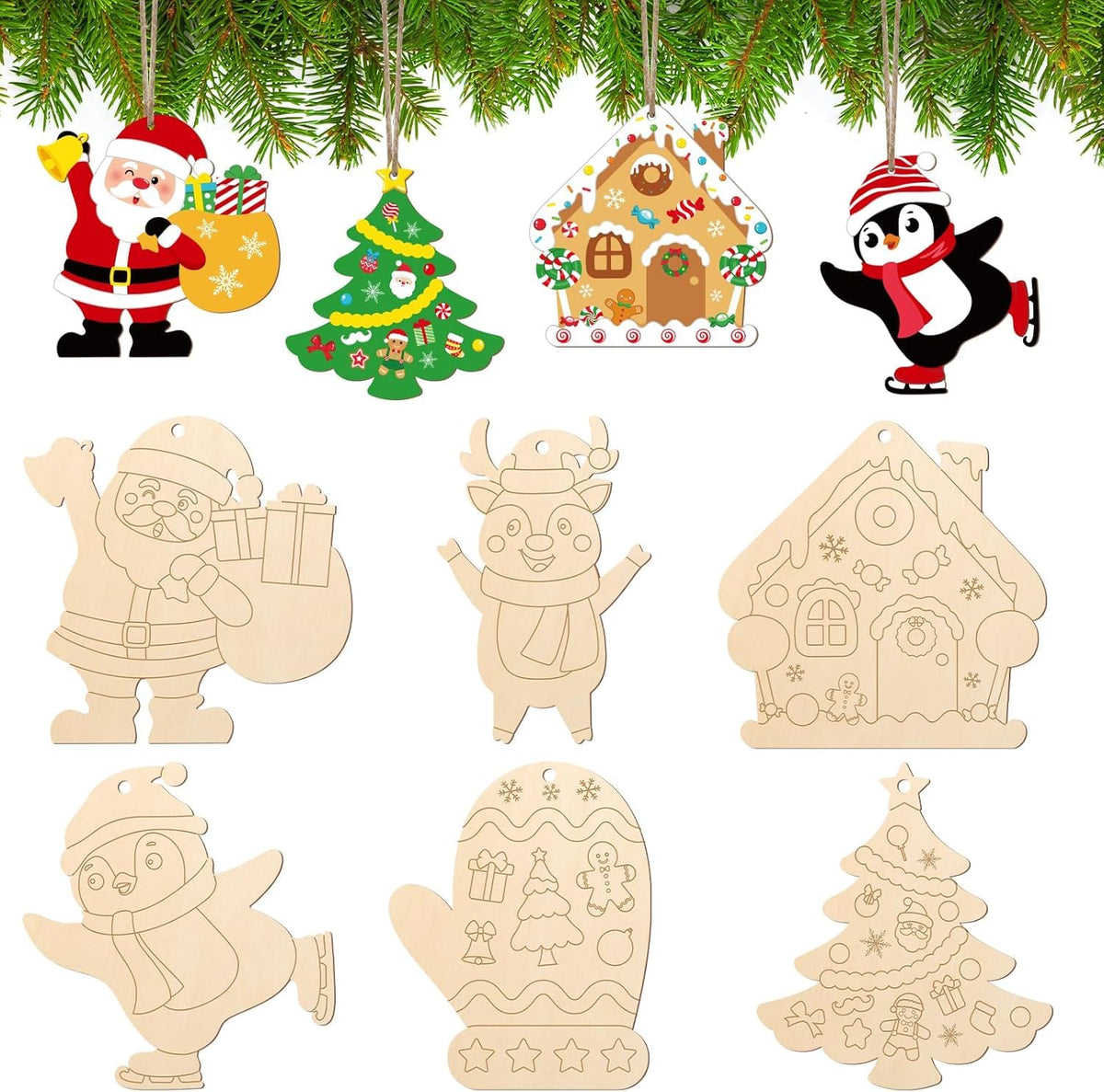 Set of wooden Christmas ornaments including Santa Claus, trees, gingerbread houses, and penguins on a white background with greenery at the top.