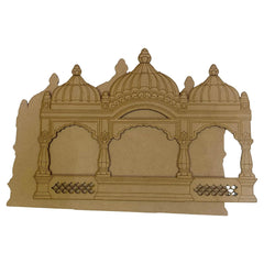 Decorative wooden arch with intricate carvings on a white background