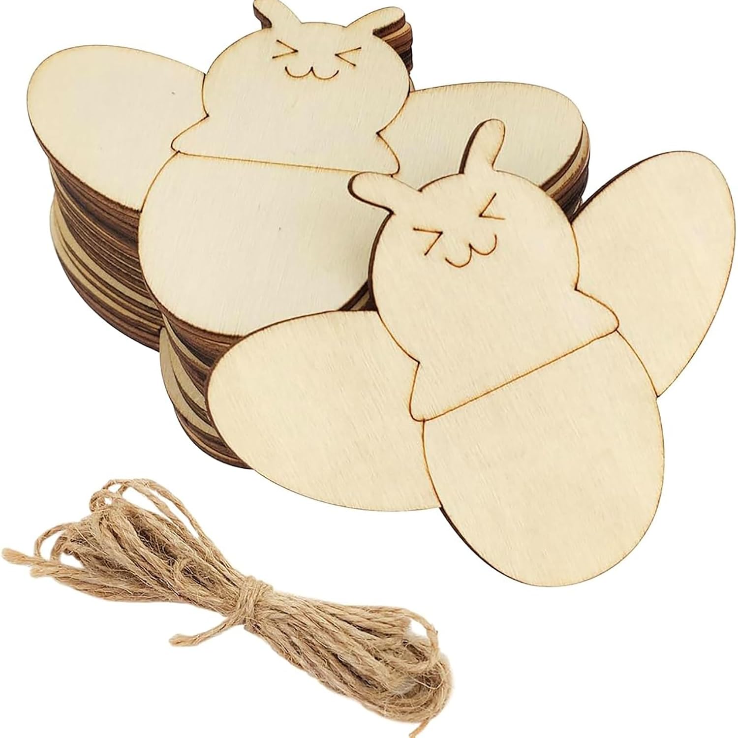 Wooden bee-shaped cutouts with jute string on a white background
