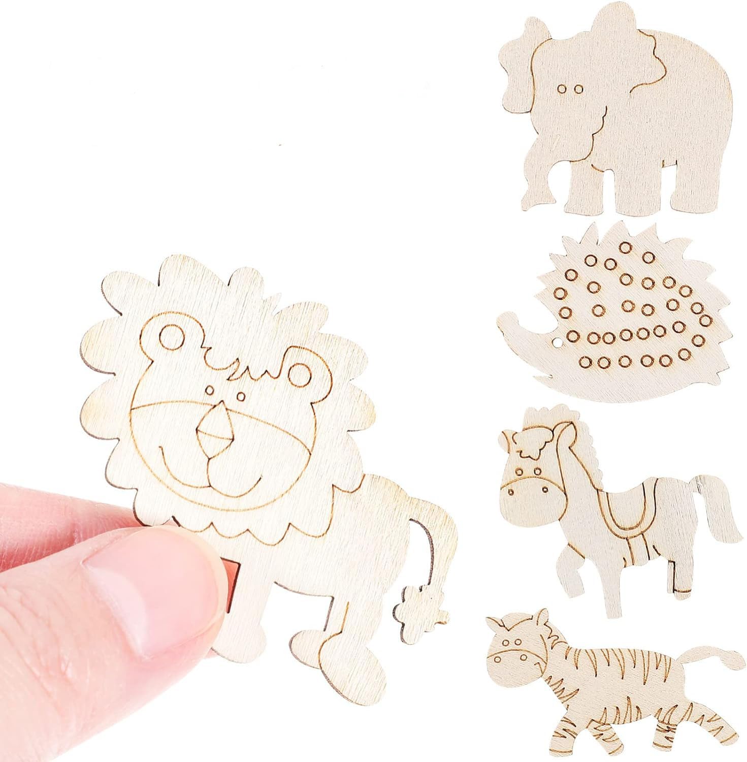 Wooden animal cutouts including a lion, elephant, zebra, and hedgehog held by a hand against a white background.