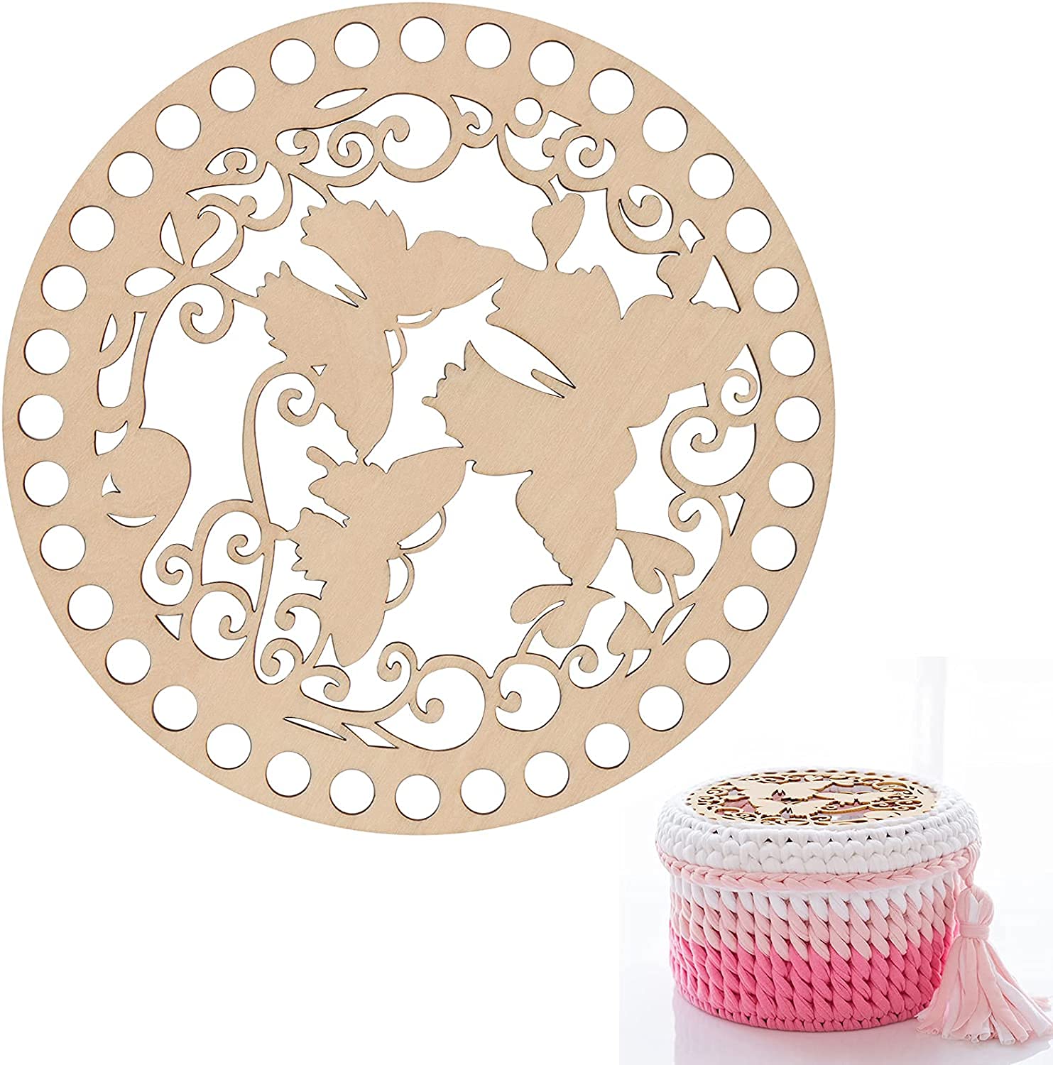 Decorative wooden circle with cut-out design and a pink woven basket on a white background