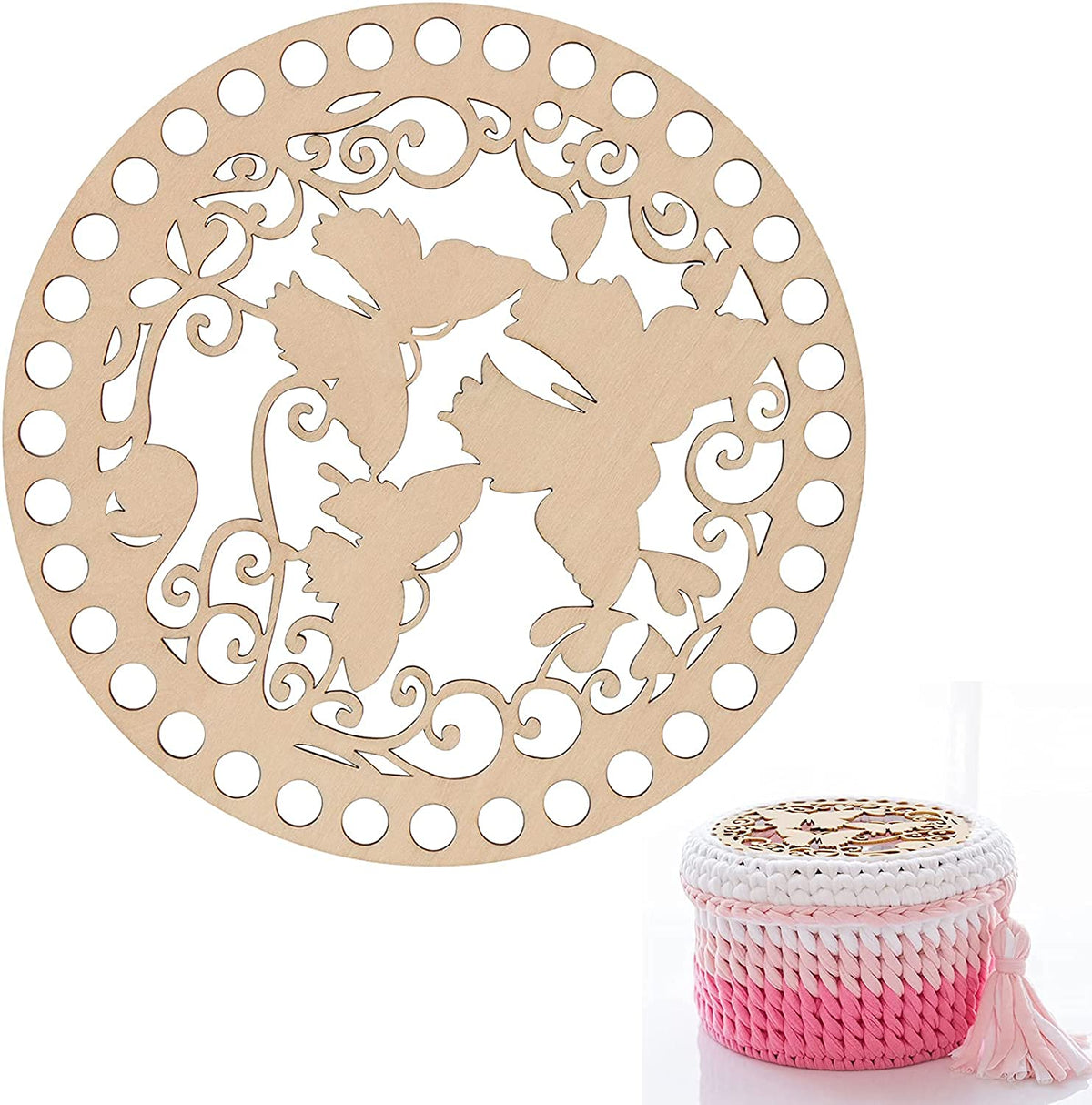 Decorative wooden circle with cut-out design and a pink woven basket on a white background
