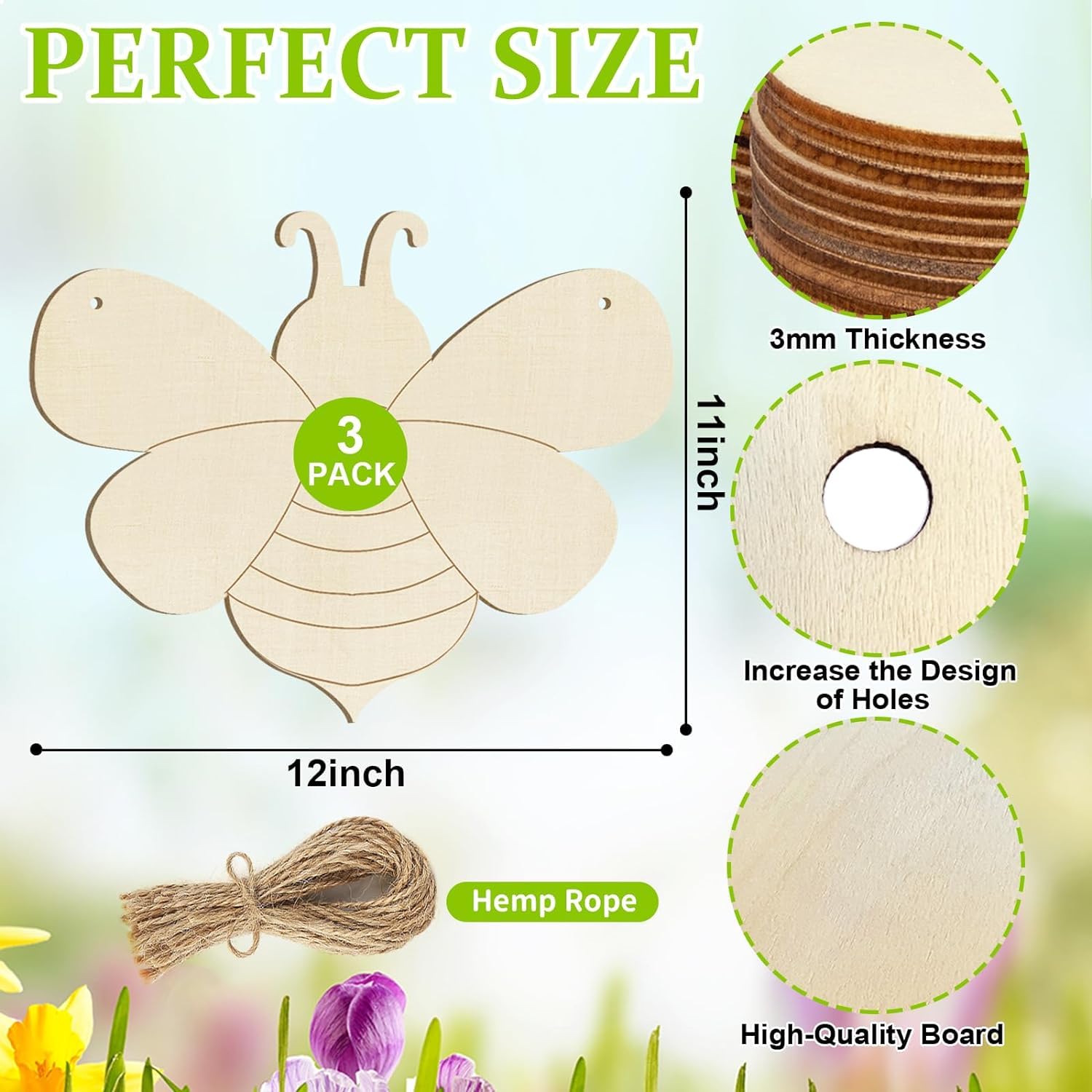 Wooden bee-shaped cutouts with measurements and materials details on a nature-themed background