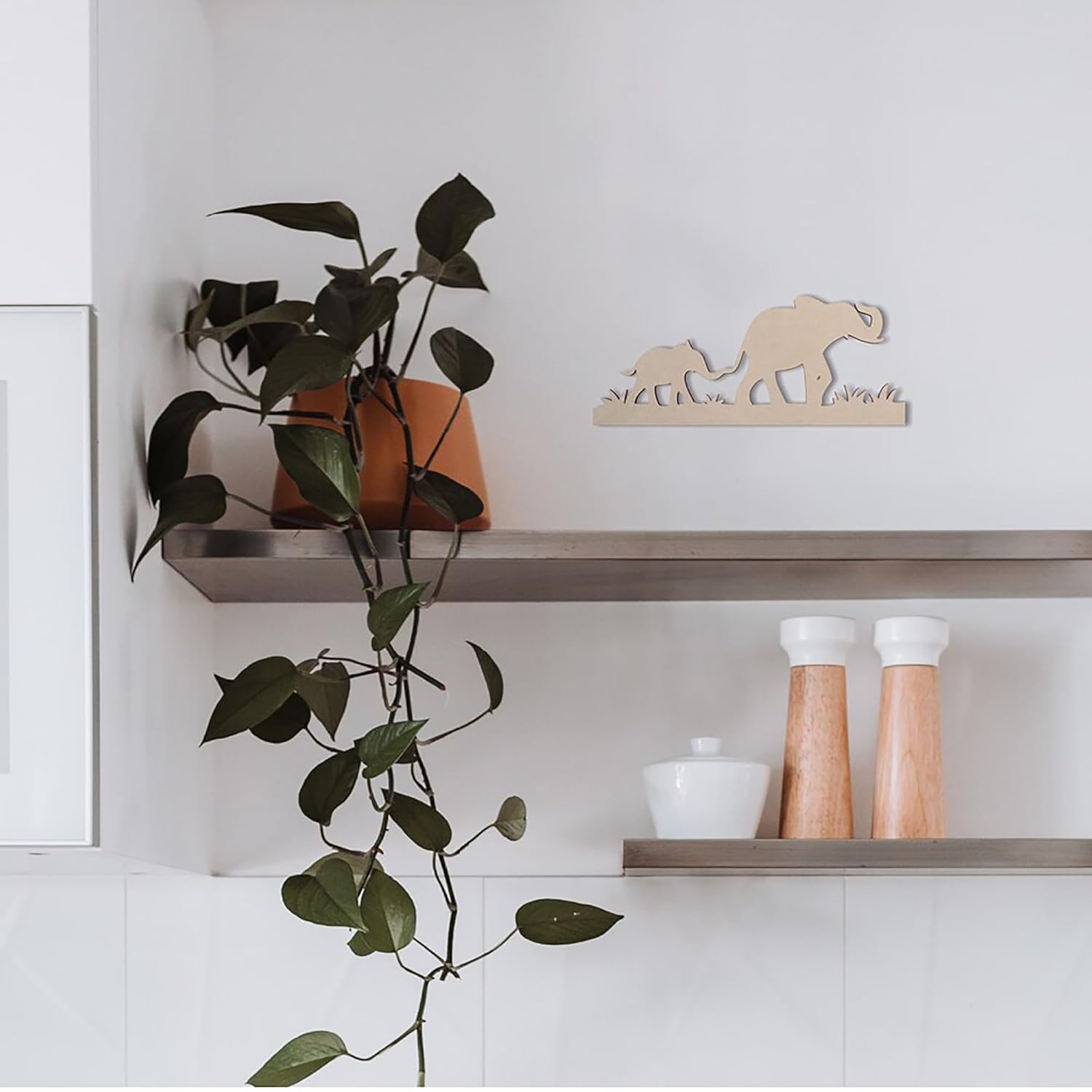 Shelves with decorative items including a plant, wooden cutouts, and ceramic pots.