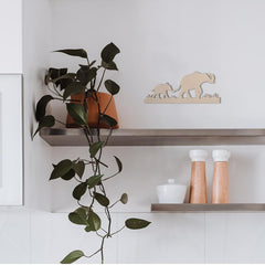 Shelves with decorative items including a plant, wooden cutouts, and ceramic pots.