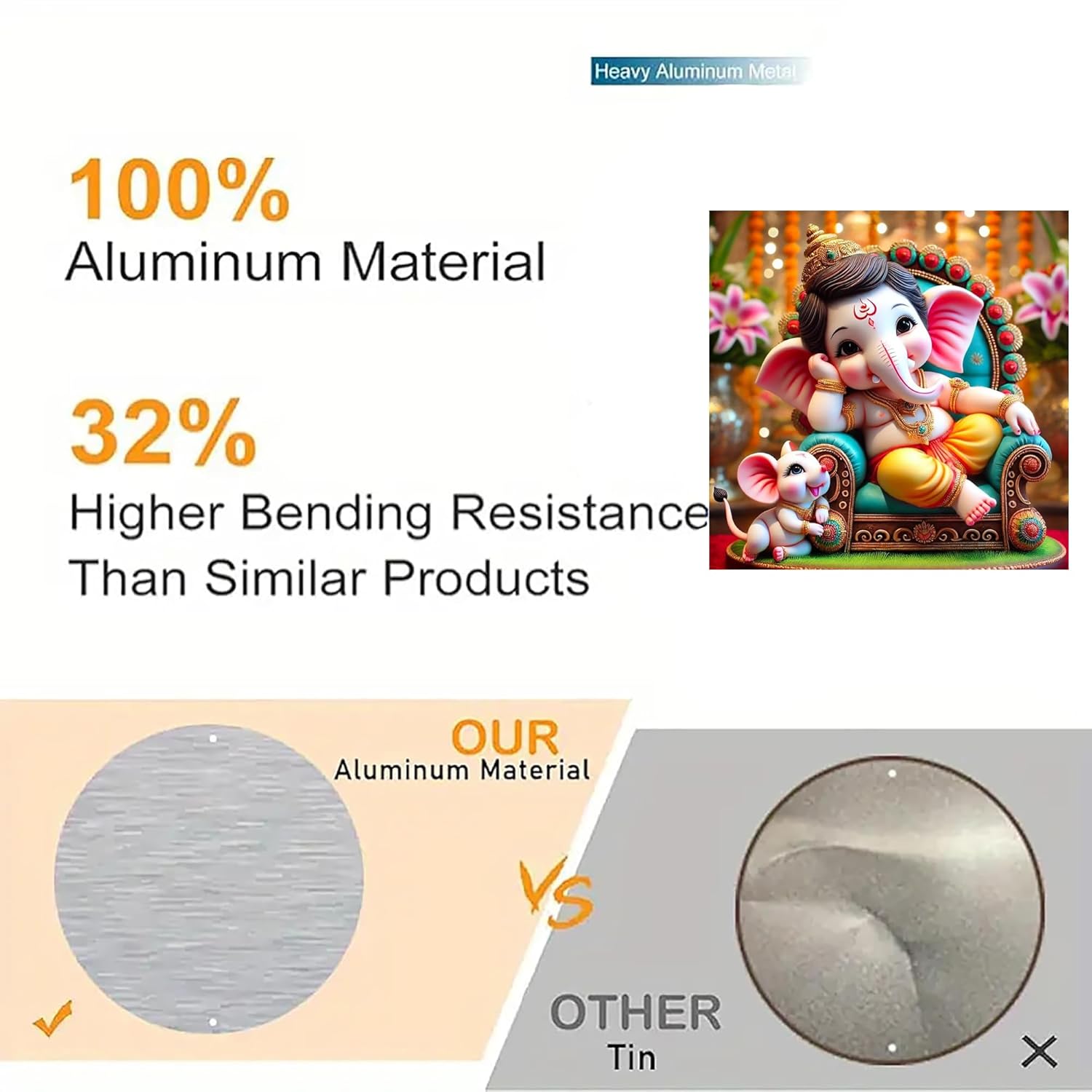 Advertisement highlighting aluminum material properties with a decorative item and metal samples.