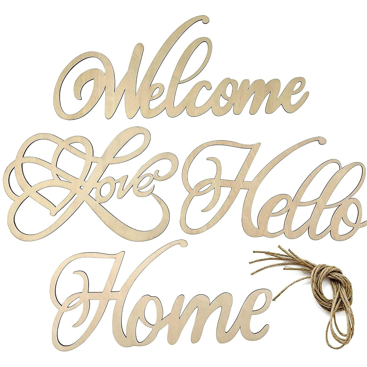 Wooden decorative signs with 'Welcome', 'Love', 'Hello', and 'Home' text on a white background.