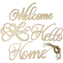 Wooden decorative signs with 'Welcome', 'Love', 'Hello', and 'Home' text on a white background.