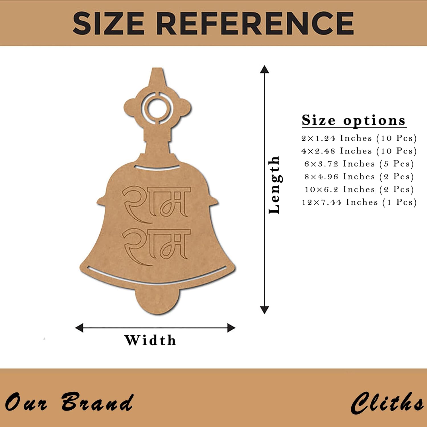 Size reference chart for a wooden bell-shaped object with dimensions and size options.