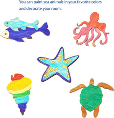 Colorful wooden sea animal toys including a fish, octopus, starfish, and turtle on a white background.