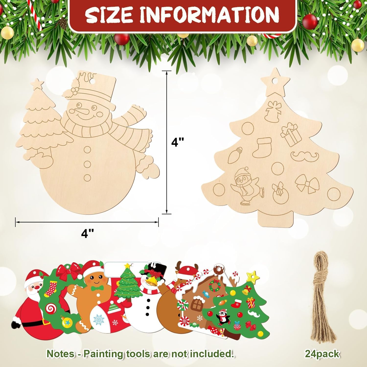 Wooden Christmas decorations with measurements and size information on a beige background.