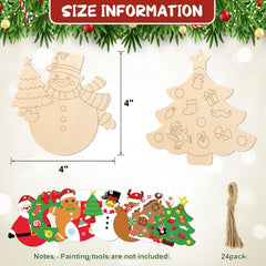 Wooden Christmas decorations with measurements and size information on a beige background.