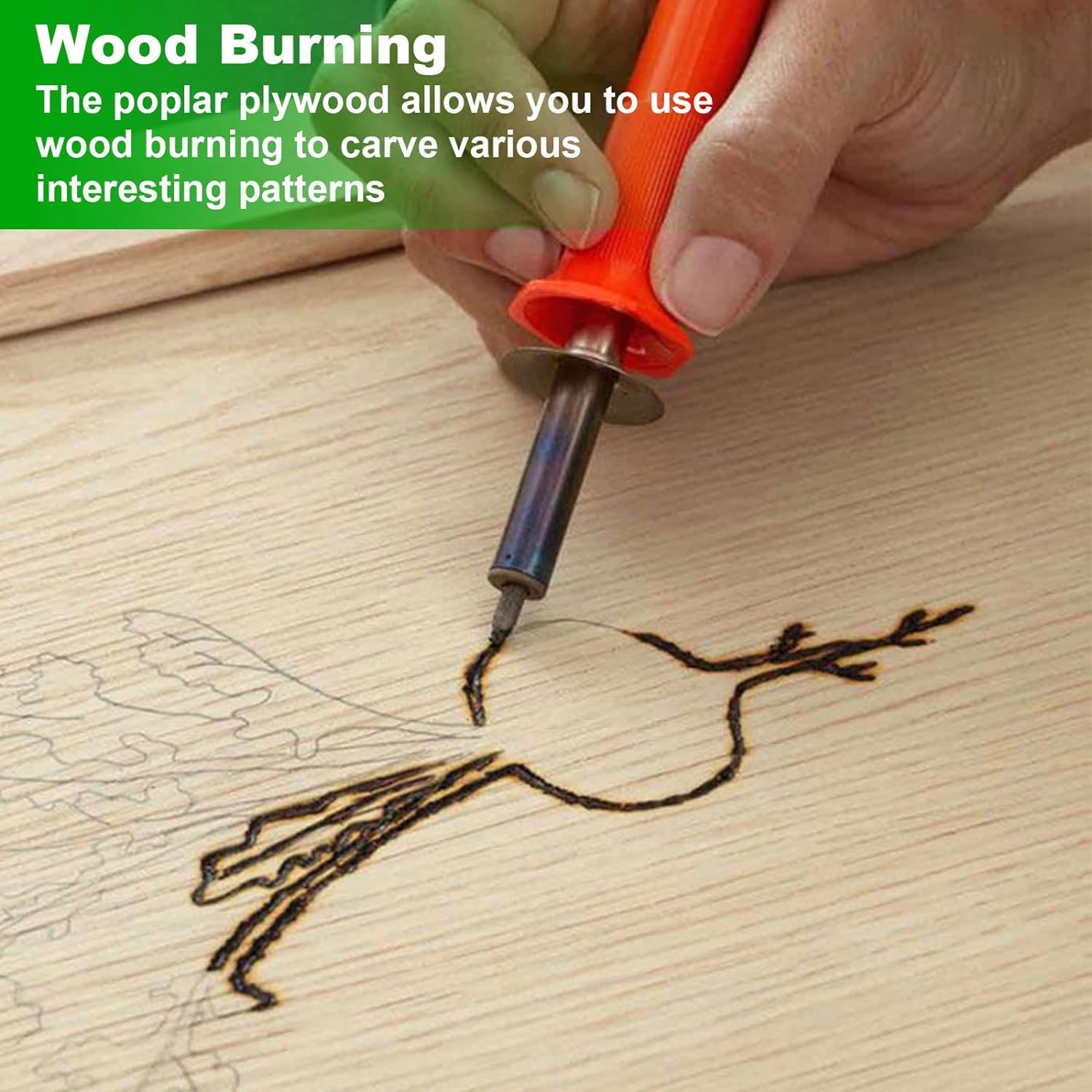 Wood burning tool being used on plywood to create patterns