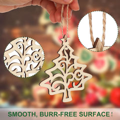Wooden Christmas tree ornament with intricate cut-out design, held by a hand against a blurred festive background.