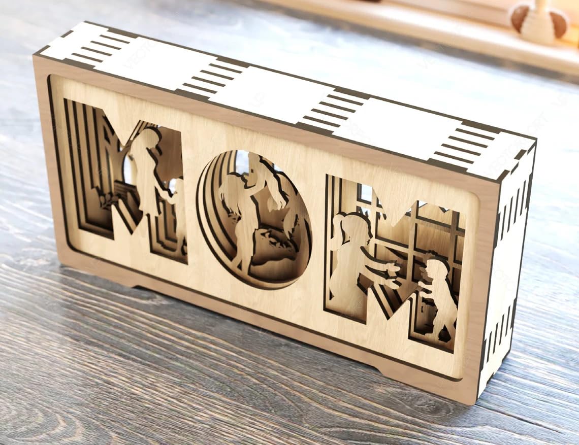Wooden decorative box with cut-out figures on a wooden surface