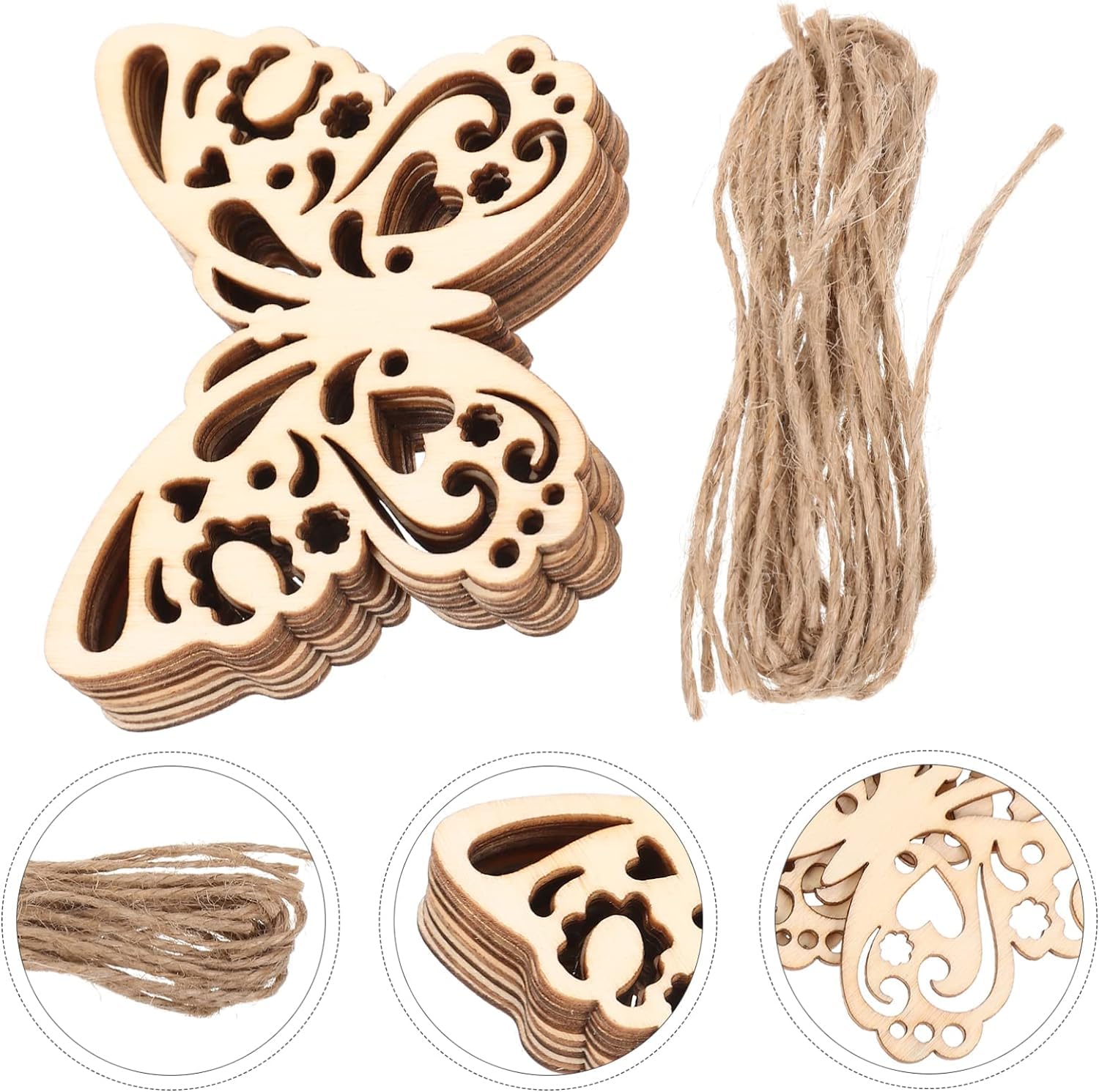 Wooden butterfly decorations with jute string on a white background