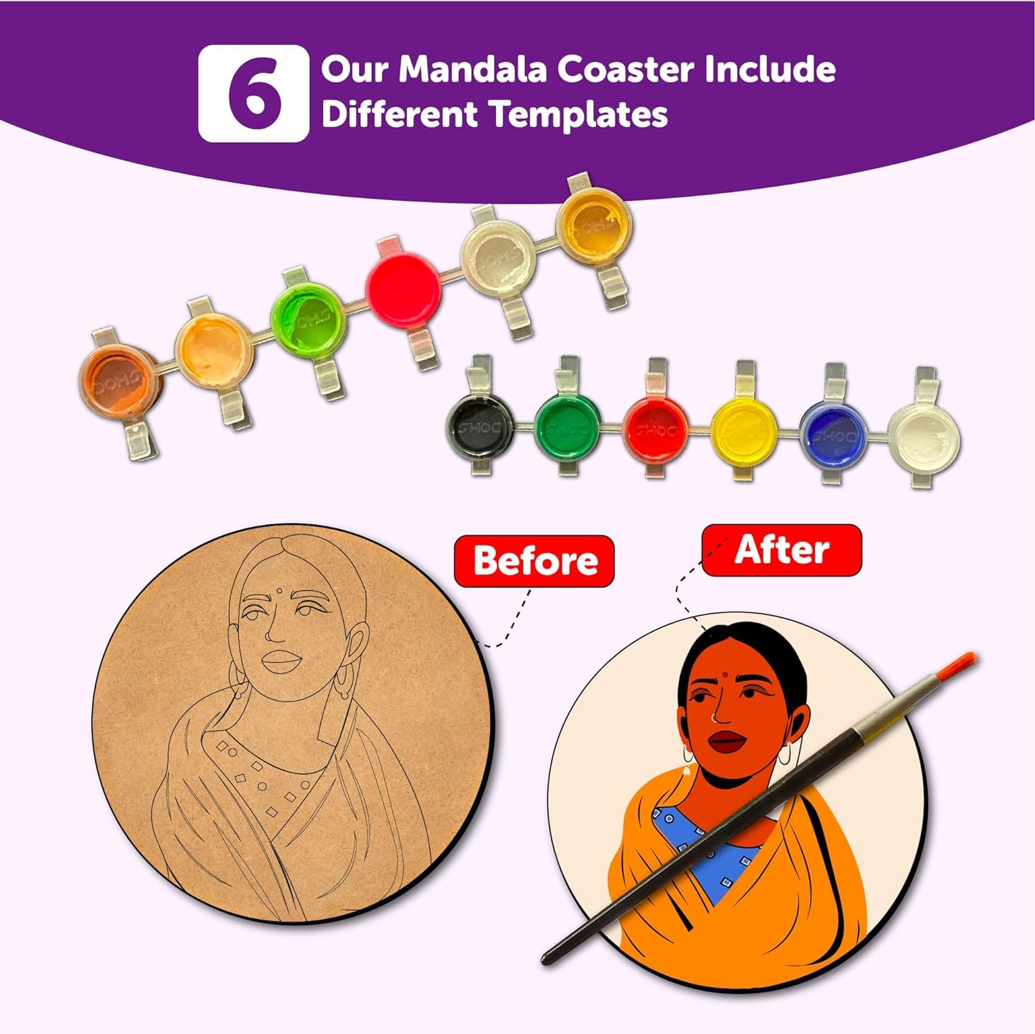 Mandala coaster set with color swatches and 'Before' and 'After' examples on a white background.