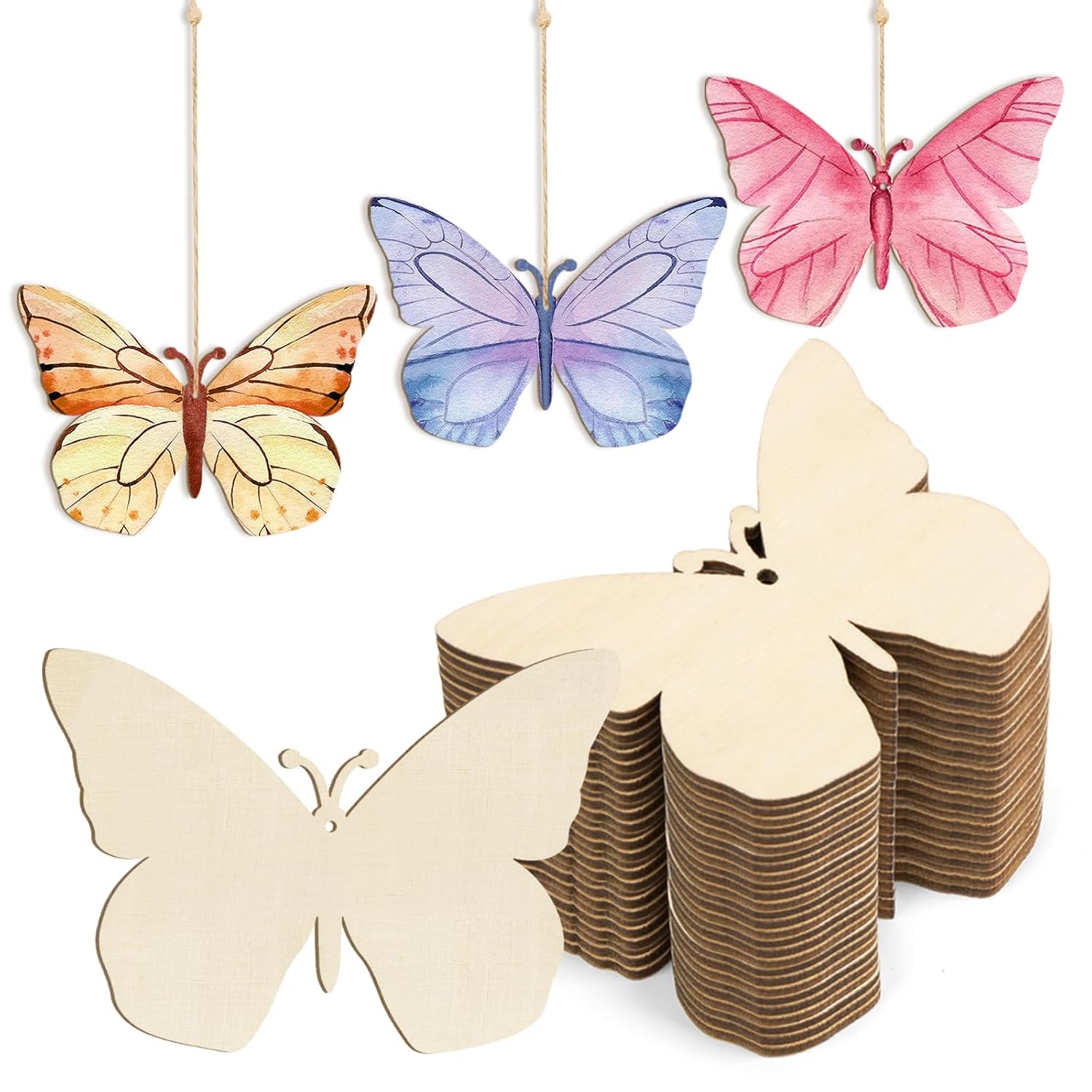 Colorful butterfly decorations with a stack of plain butterfly cutouts on a white background