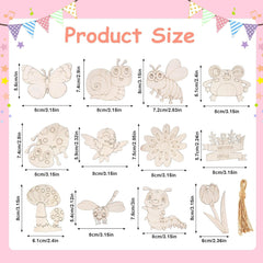 American Elm 24 PCS Unfinished Wood Cutouts Ornaments for Crafts 12 Styles Butterfly Flower Bee Bird Wooden Cutouts for Kids DIY Paint Hanging Decor for Home School Party Decorations (2 Style Each)