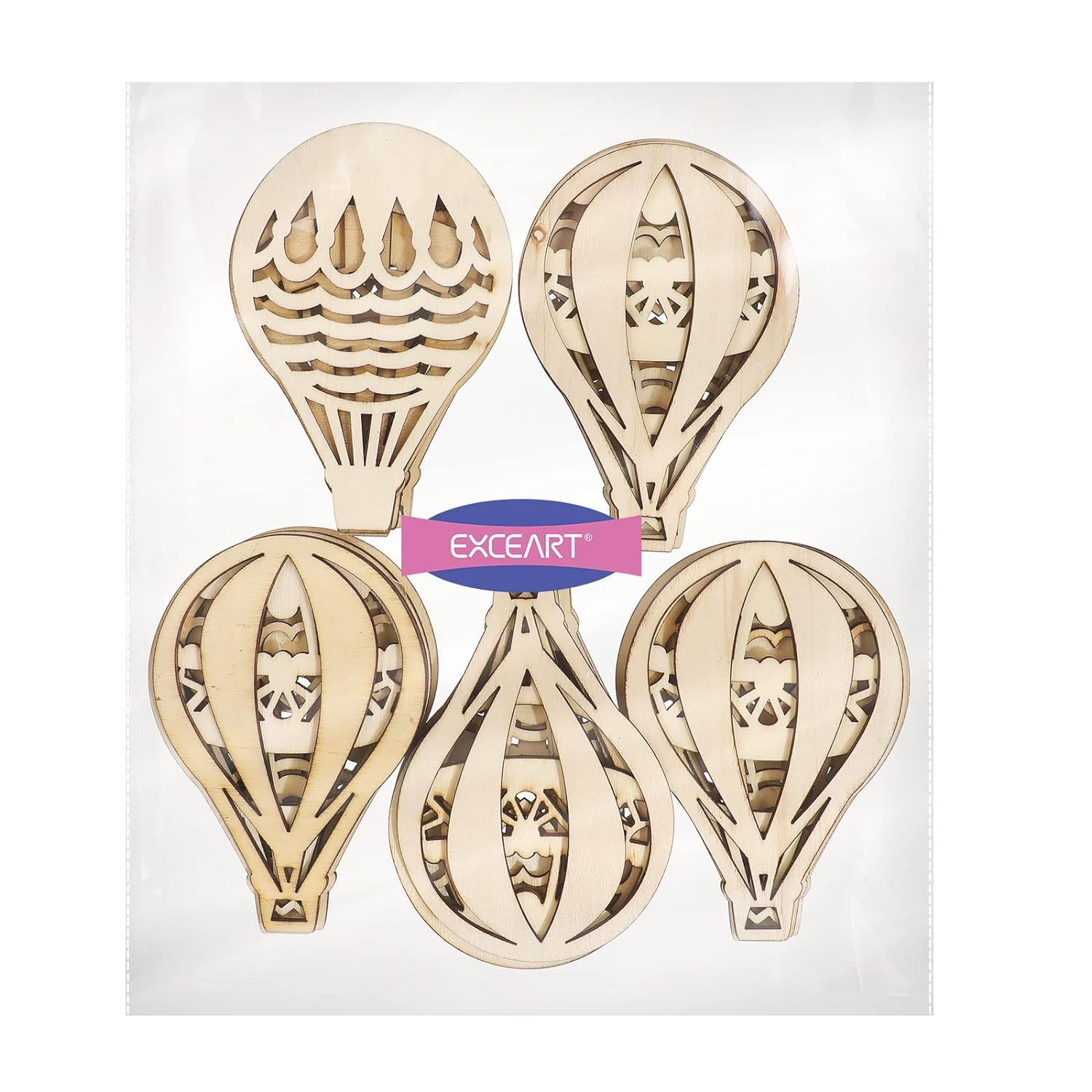 Four gold hot air balloon-shaped cutouts with Exceart branding on a white background