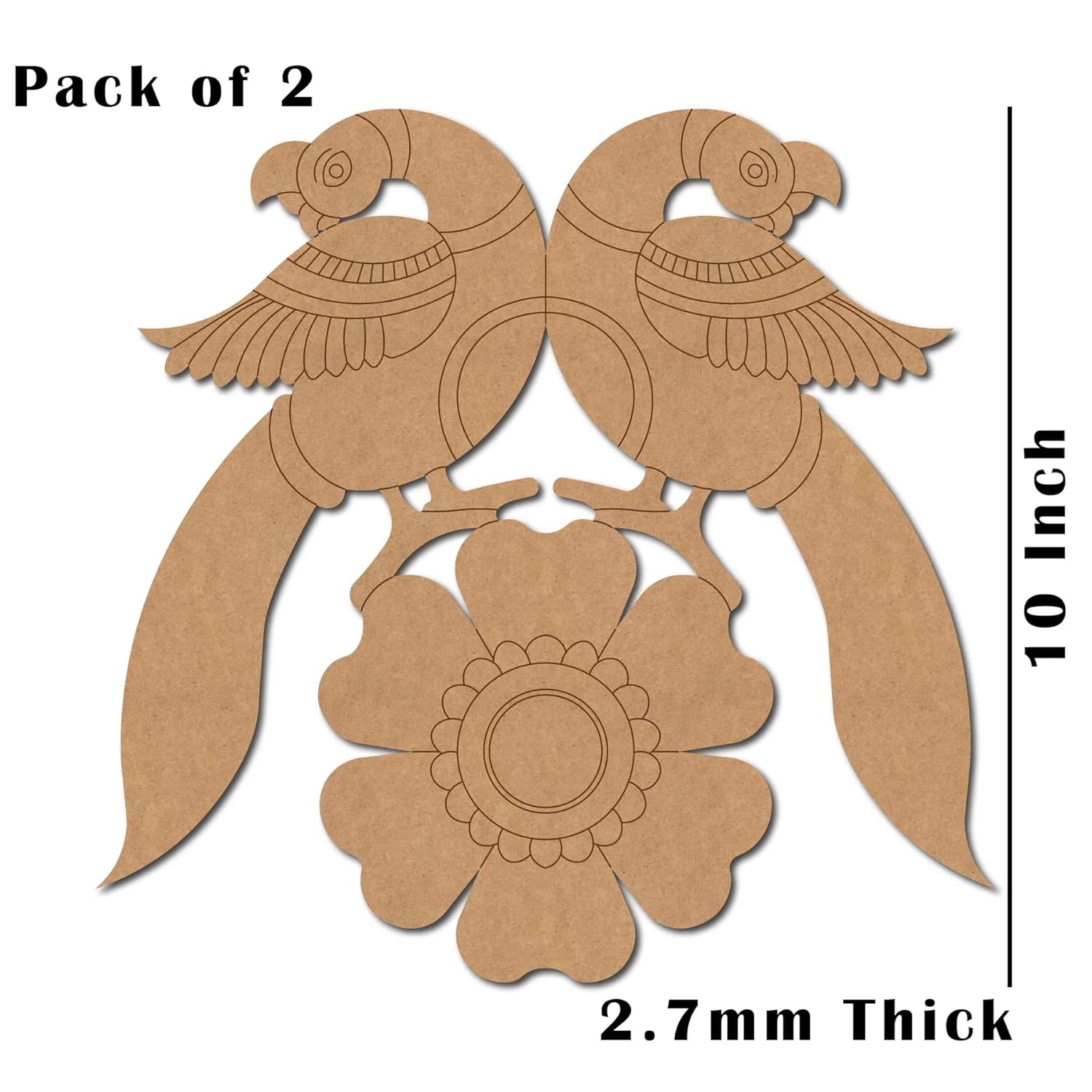 Two cardboard cutouts of parrots and a flower with dimensions on a white background