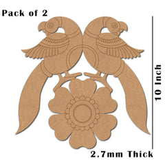 Two cardboard cutouts of parrots and a flower with dimensions on a white background