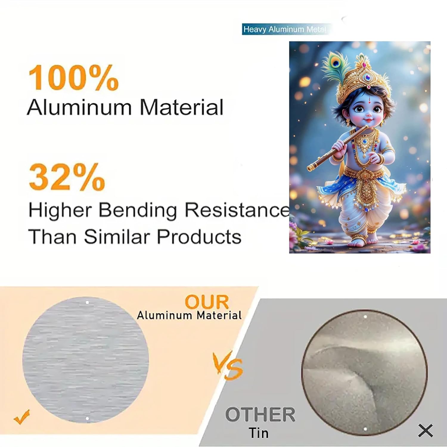 Product comparison chart highlighting aluminum material and bending resistance with a cartoon character illustration.