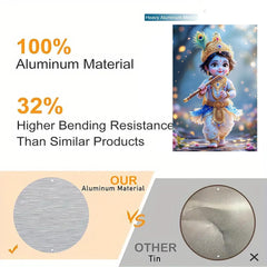 Product comparison chart highlighting aluminum material and bending resistance with a cartoon character illustration.