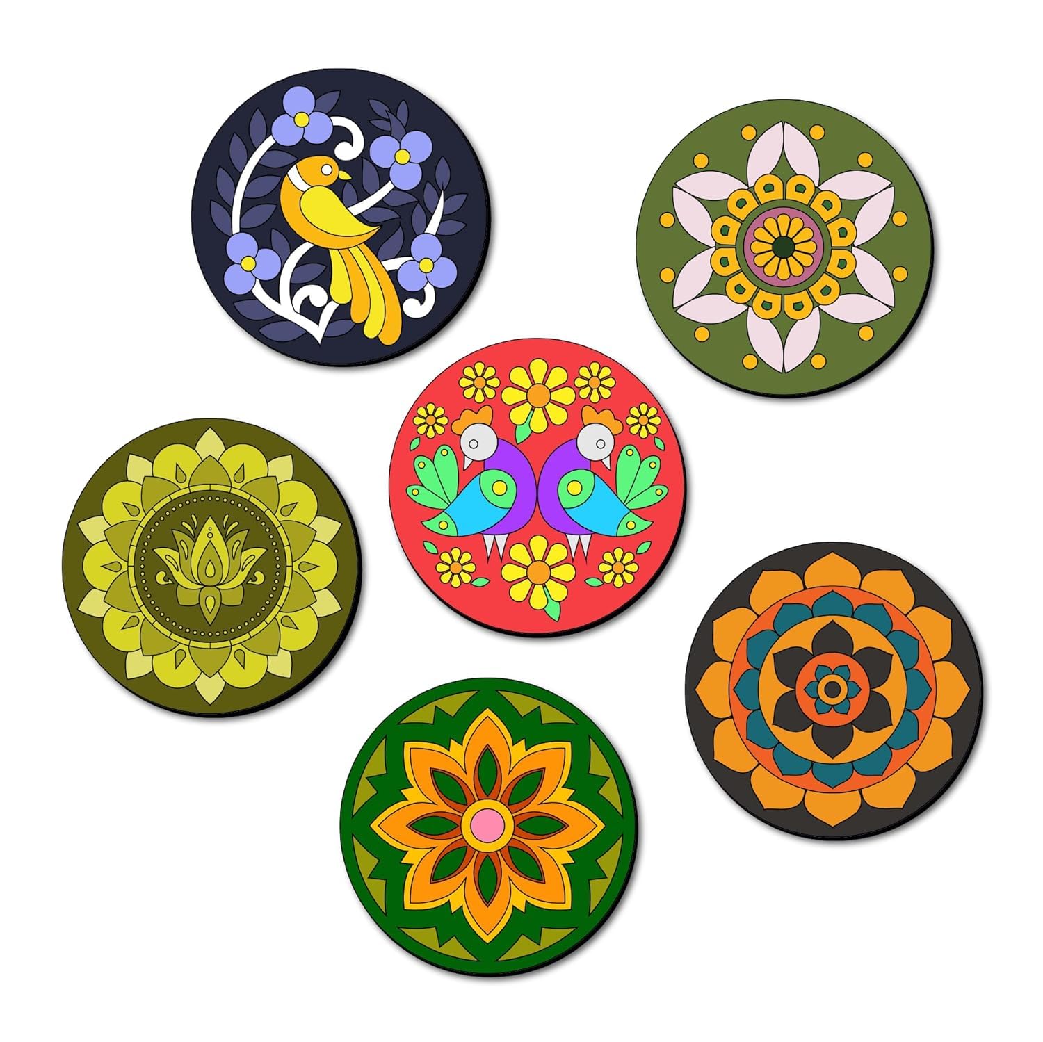 Set of six colorful circular coasters with floral and abstract designs on a white background.