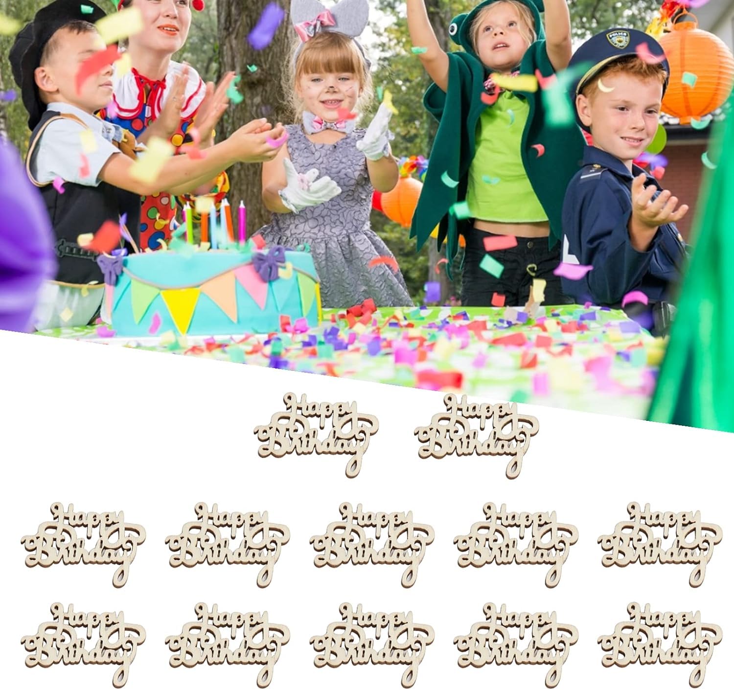 Children at a birthday party with a cake, surrounded by 'Happy Birthday' decorations.