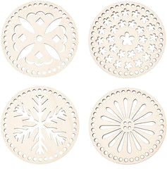 Four wooden coasters with decorative cut-out patterns on a white background
