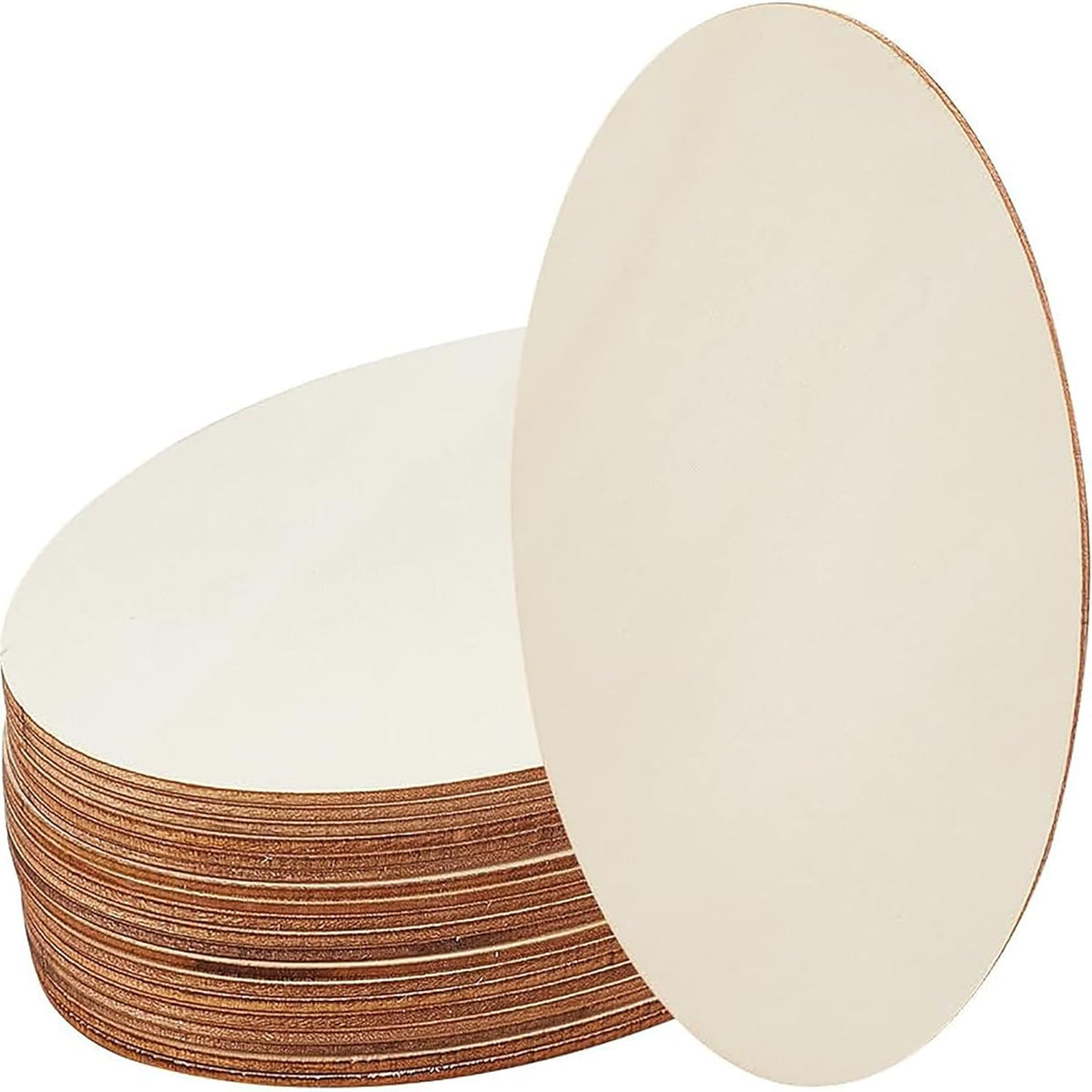 Stack of white round cardboard coasters with brown edge on a white background