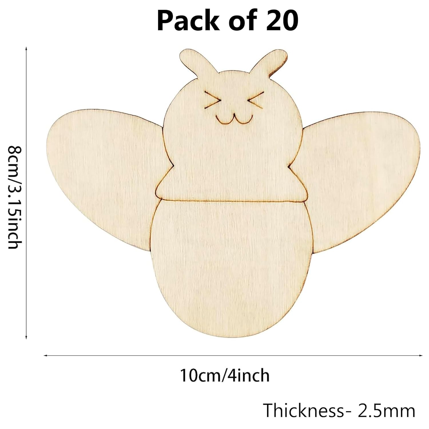 Wooden bee-shaped cutout with dimensions and pack size on a white background
