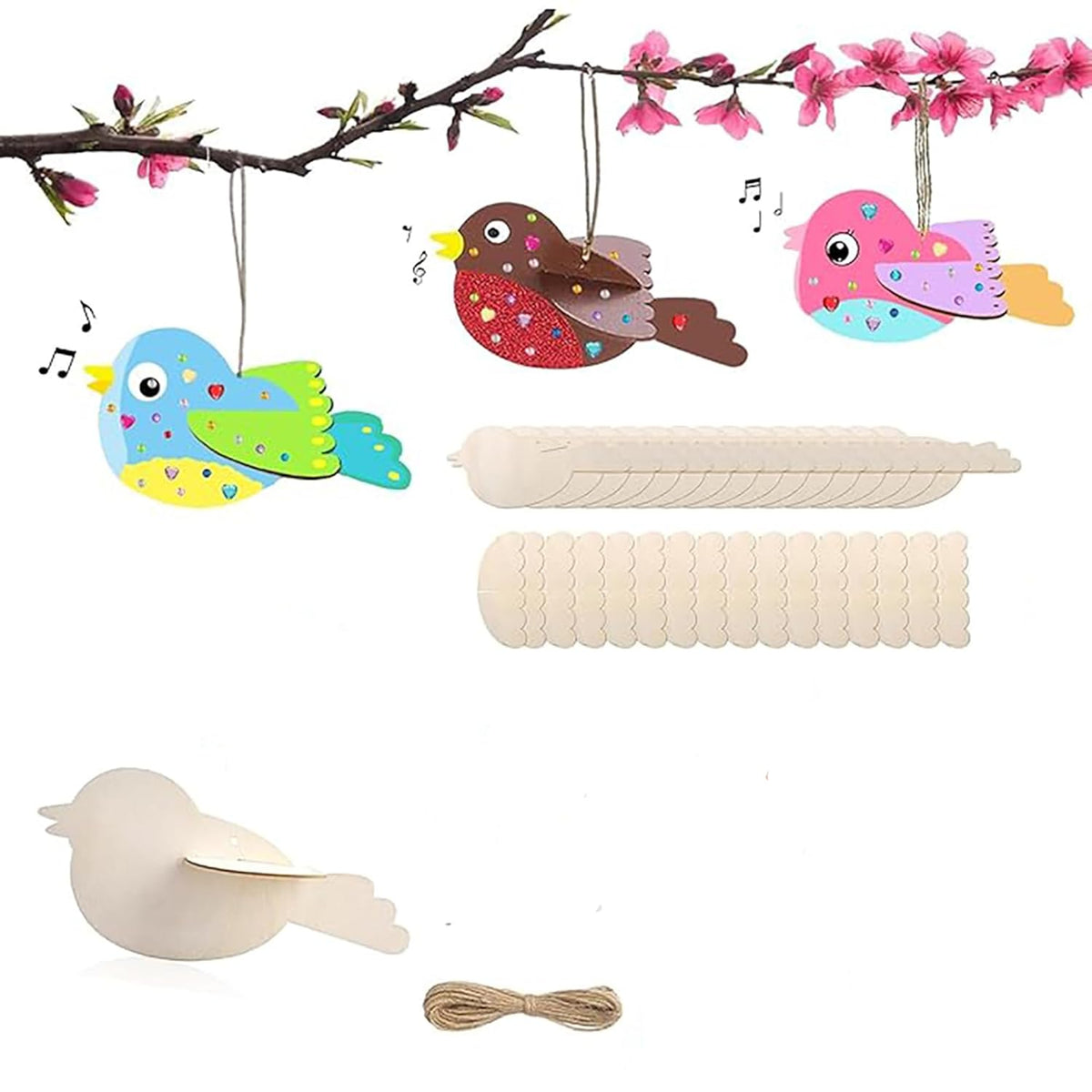 Colorful bird-shaped wooden toys hanging from a branch with pink flowers.