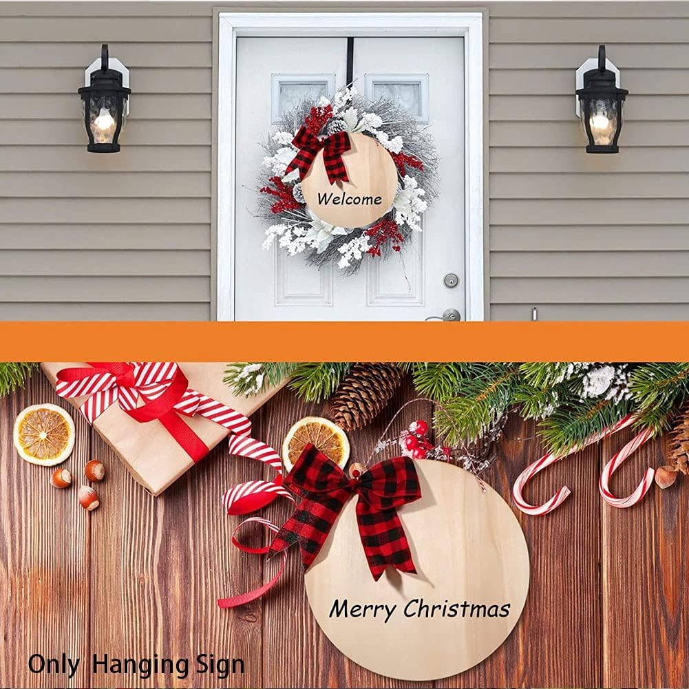 Decorative Christmas wreath with a 'Welcome' sign on a door, surrounded by Christmas-themed items on a wooden surface.