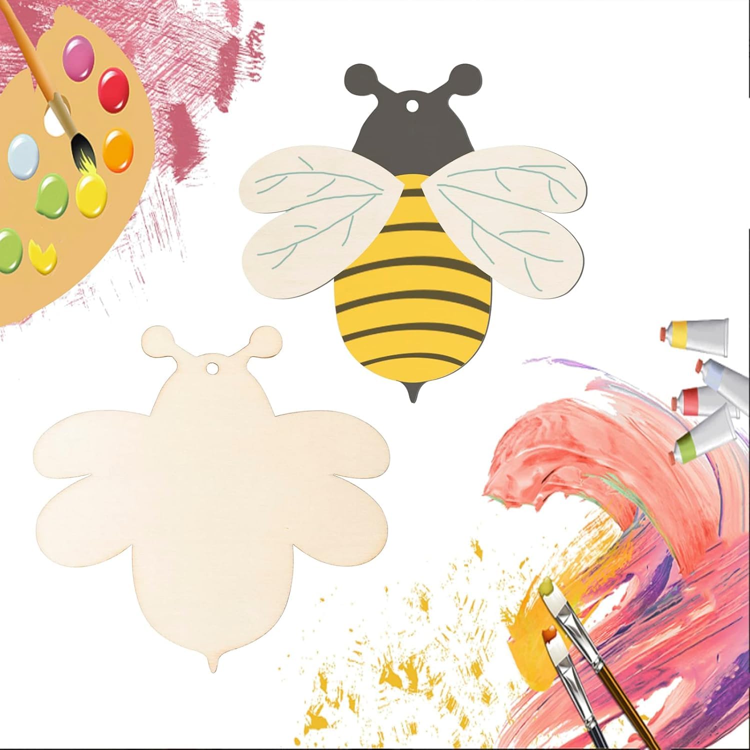 Painted bee shapes with a paint palette and brushes on a colorful abstract background
