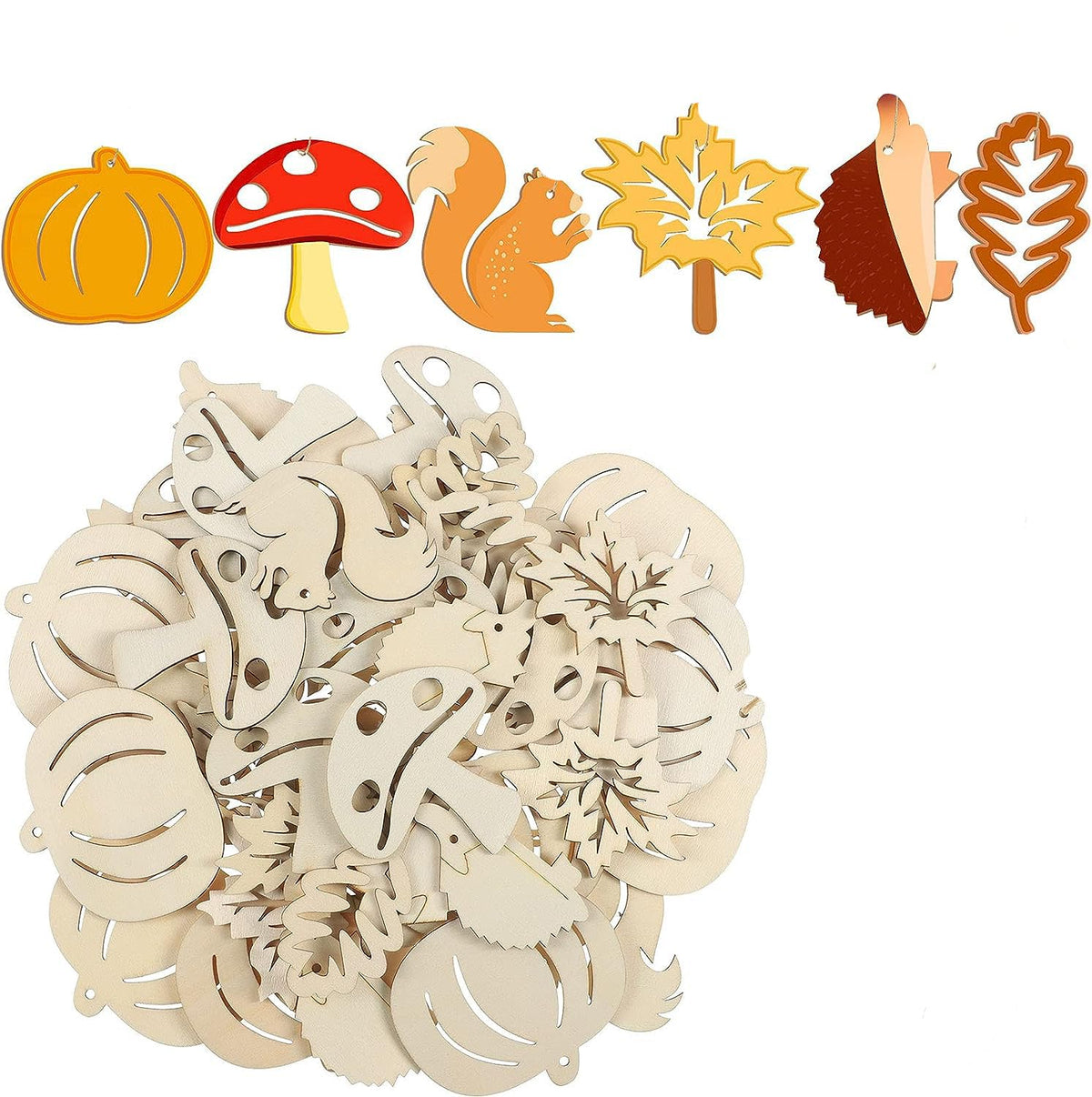 Wooden cutouts of autumn-themed shapes including pumpkins, leaves, and a squirrel on a white background.