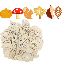 Wooden cutouts of autumn-themed shapes including pumpkins, leaves, and a squirrel on a white background.