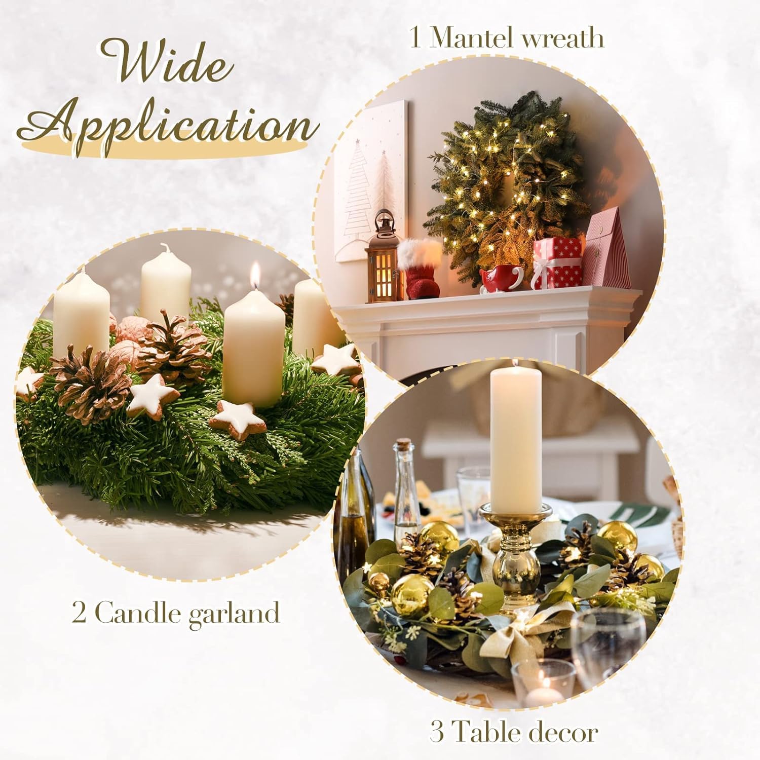 Decorative Christmas wreath, candle garland, and table decor with text indicating wide application.