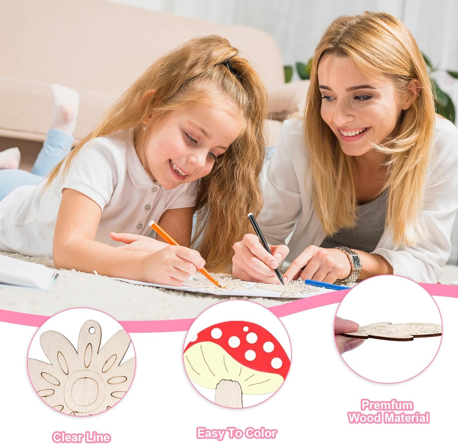Woman and child coloring together with a focus on premium wood material and coloring features.
