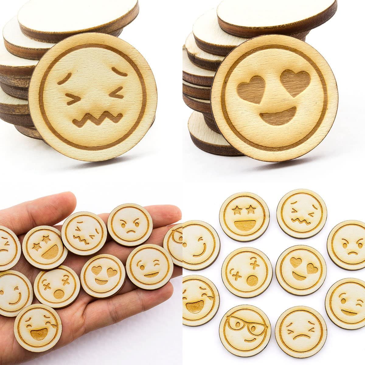 Wooden emoji coasters with various designs held in a hand, surrounded by additional coasters on a white background.