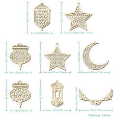 Cliths Set of 8 Ramadan Wooden Decorations Crescent Moon, Star & Lantern Eid Mubarak Hanging Ornaments