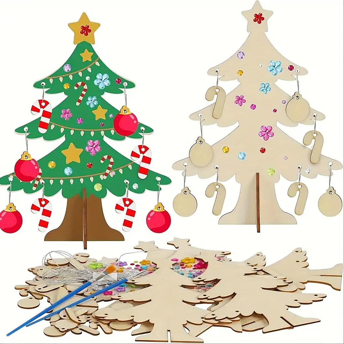 Two wooden Christmas trees with decorative items and a pile of wooden pieces on a white background.