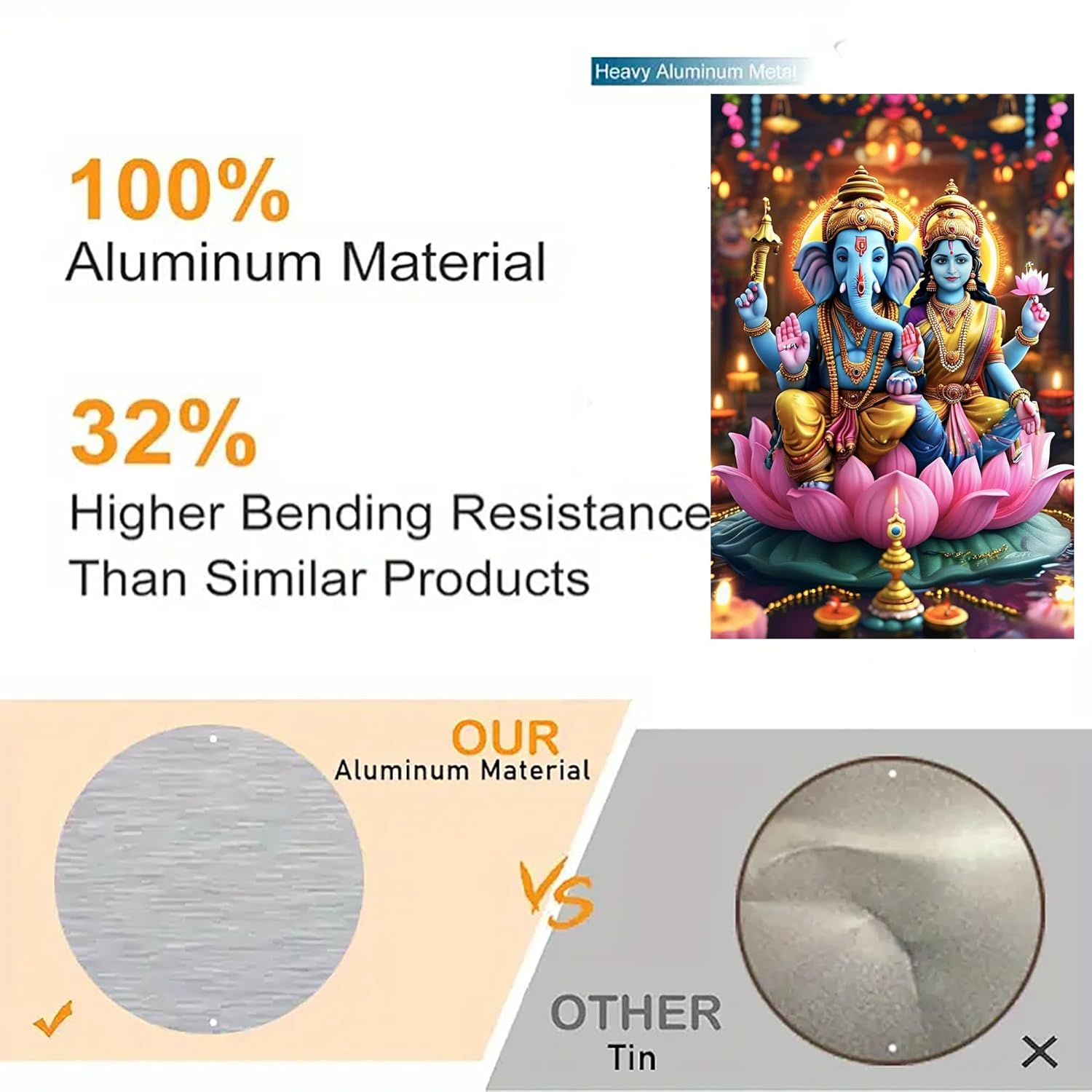Advertisement highlighting aluminum material properties with a decorative item in the corner.