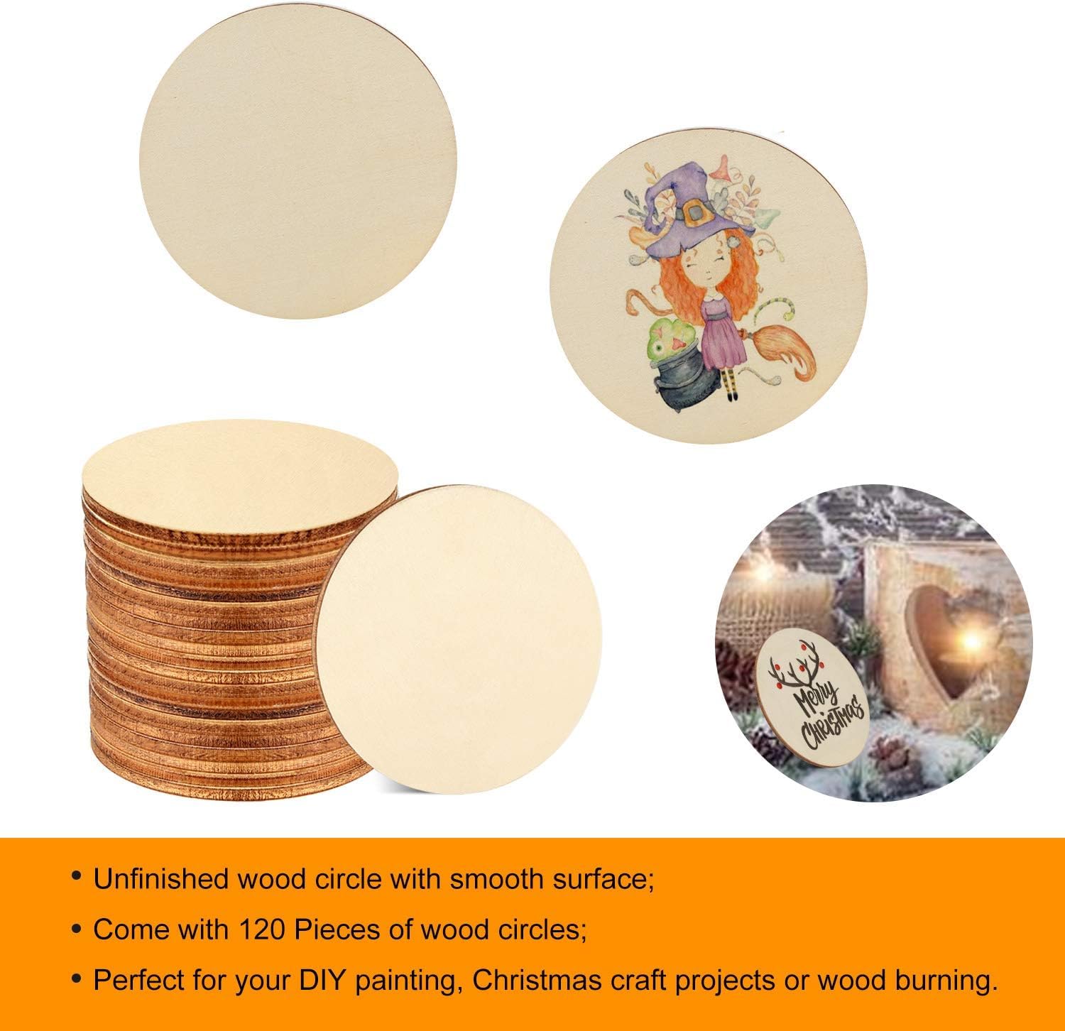 Unfinished wood circles with a stack, single circle, and decorated circles on a white background.