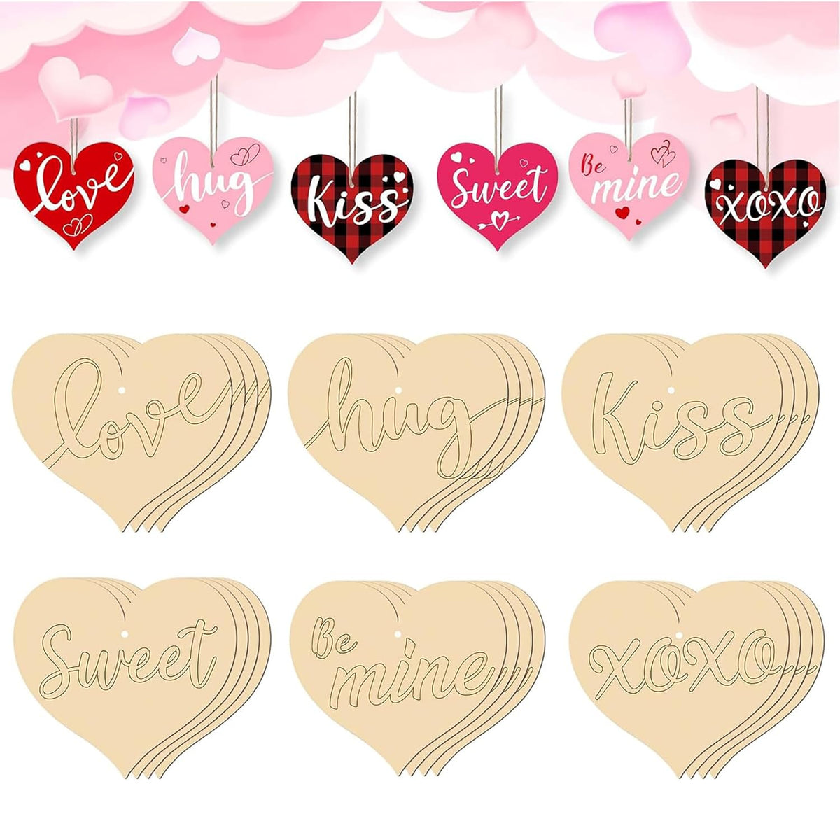 Heart-shaped wooden decorations with engraved words on a pink background